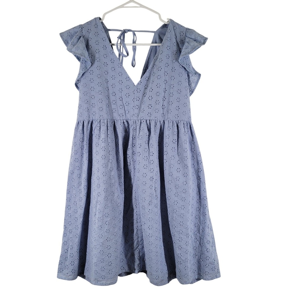 Jessica Simpson Eyelet Dress Women M Blue Flutter Sleeve V-Neck Babydoll Tieback